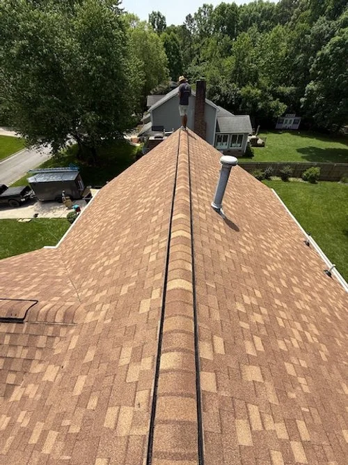 View from the roof of a house showing a worker standing near the chimney, with trees and neighboring houses in the background.