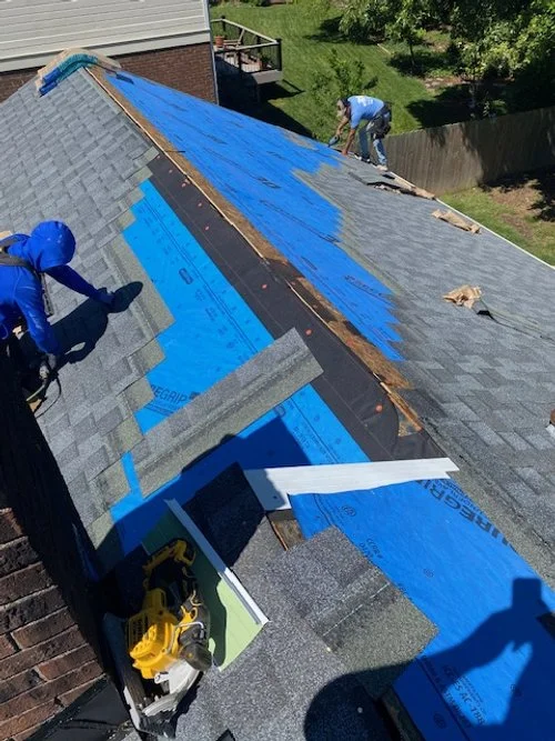 Two workers are installing new shingles on a sloped roof, with blue underlayment visible underneath gray shingles, on a sunny day.