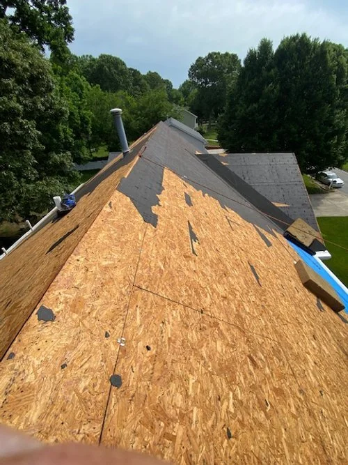 Roof under construction with plywood sheathing and partially installed shingles, surrounded by trees and a residential neighborhood.