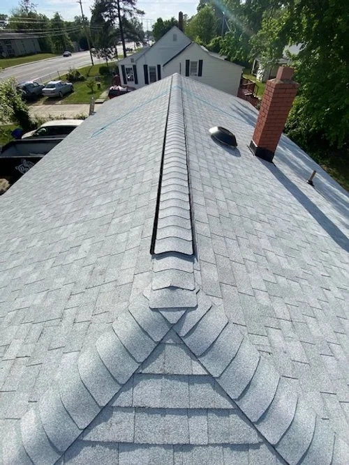 View of a gray shingle roof with a vent pipe and a brick chimney, overlooking a neighborhood street with houses and trees.