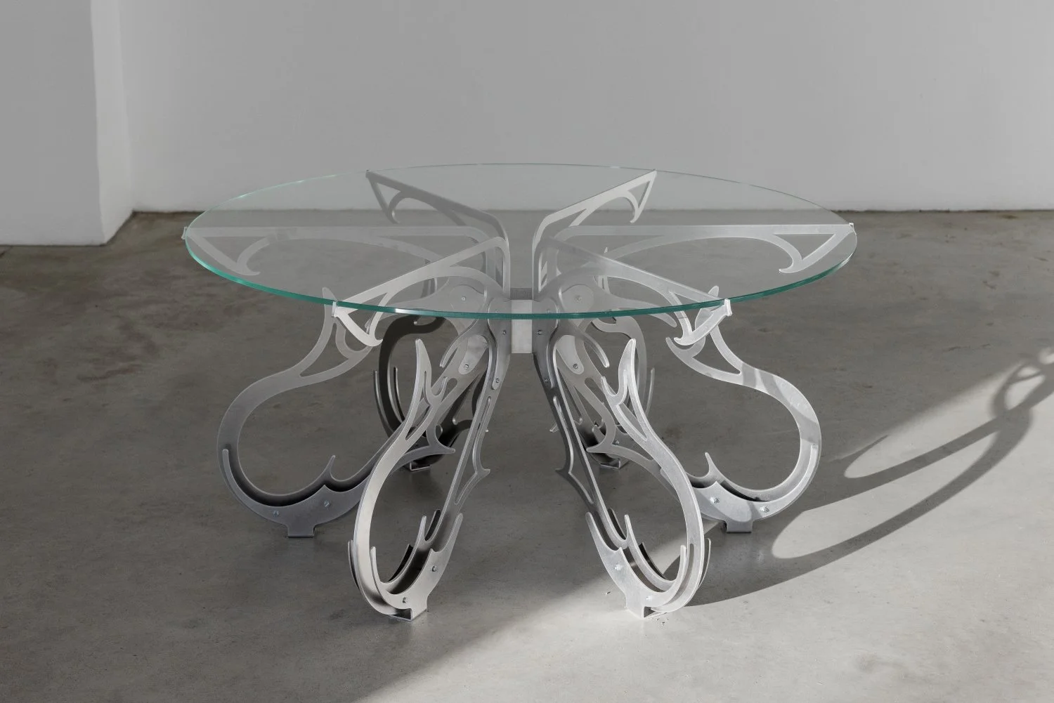 Aleksandrs Breže, Table from series Threshold, 2026, Aluminum, glass, 102 x 50 cm. Photo: Kristīne Madjare
