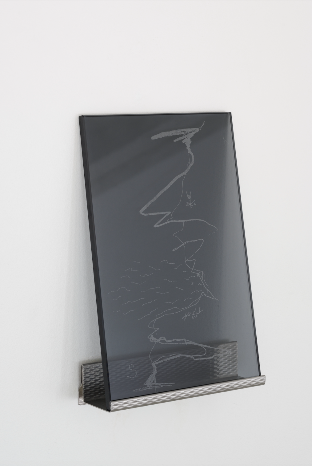 Gabija Grušaitė, FW005, 2026, laser drawing on tempered UV glass, 30 x 20 x 1cm. Photo: Ansis Starks