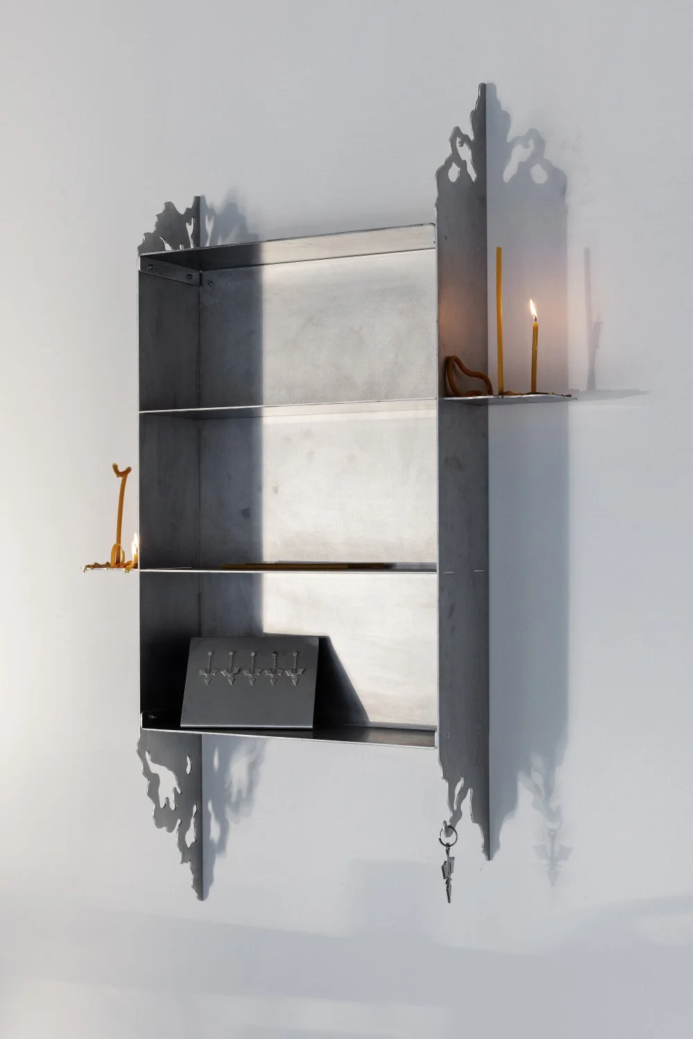 Aleksandrs Breže, Wall shelf from series Threshold, 2026, Aluminum, 100 x 74 x 15 cm. Photo: Kristīne Madjare