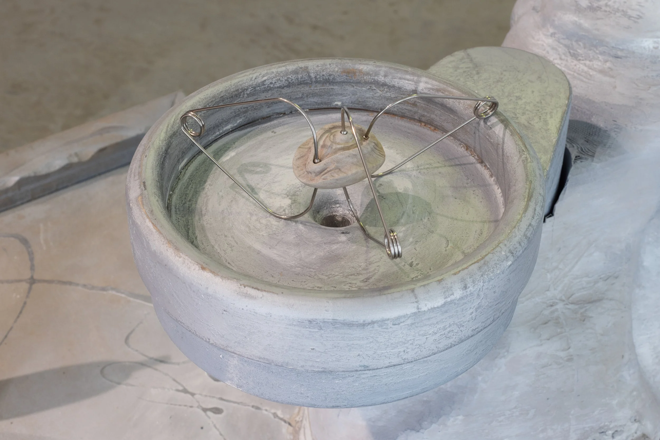 Darja Popolitova, Sculptural object Oculex, 2026, natural horn, clay mass, chrome, acupuncture devices, hand engraving.  Photo: Kristīne Madjare