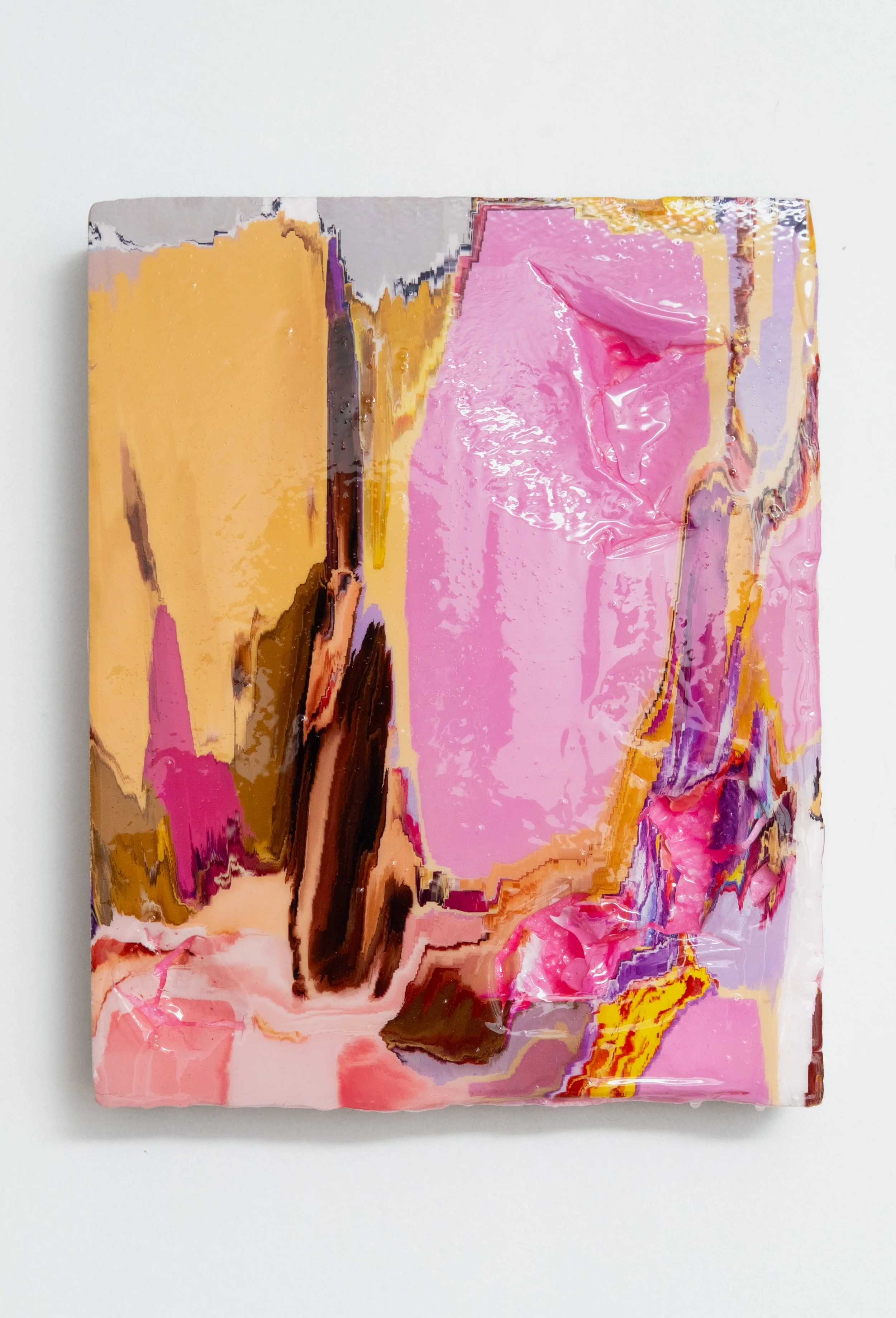 Jānis Dzirnieks, Sweet Bonanza Candyland, 2026, UV inkjet print on found XPS foam, epoxy resin, steel, 25 x 31cm. 

