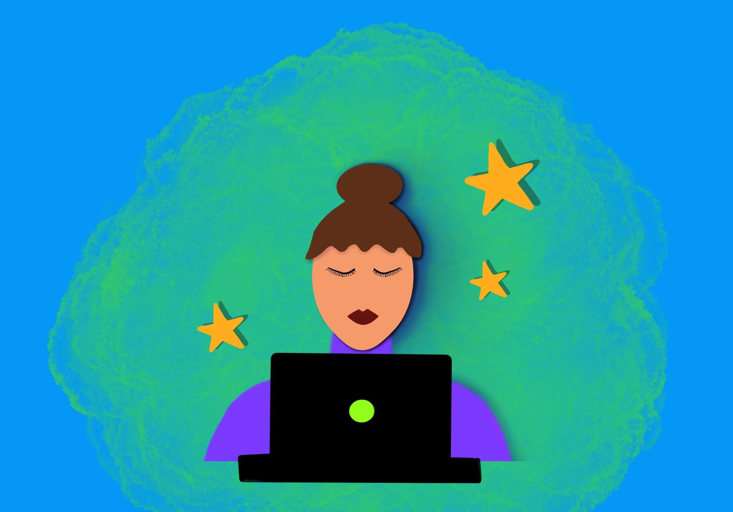 paper cut out style self portrait of woman sitting at laptop computer