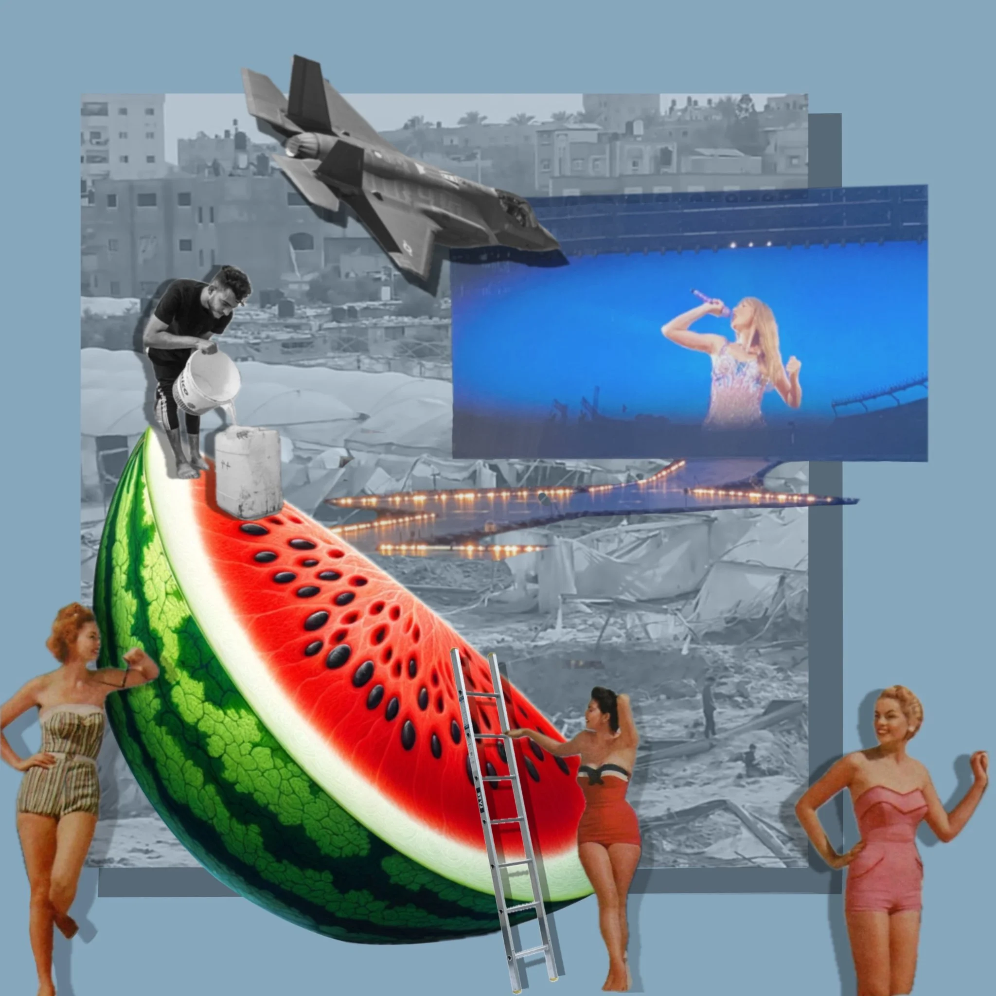 colorful watermelon with black and white photo of palestinian man gathering water from the ocean to drink standing on top, fighter jet flying overhead with background of a recently demolished Rafha, Taylor Swift singing at concert in the background