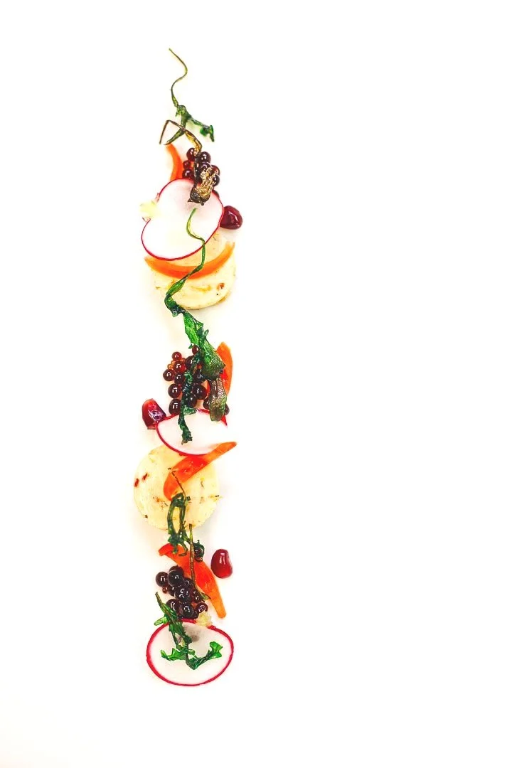 A vertical arrangement of gourmet food items, including sliced radishes, greens, dollops of sauce, and small garnishes on a white background.