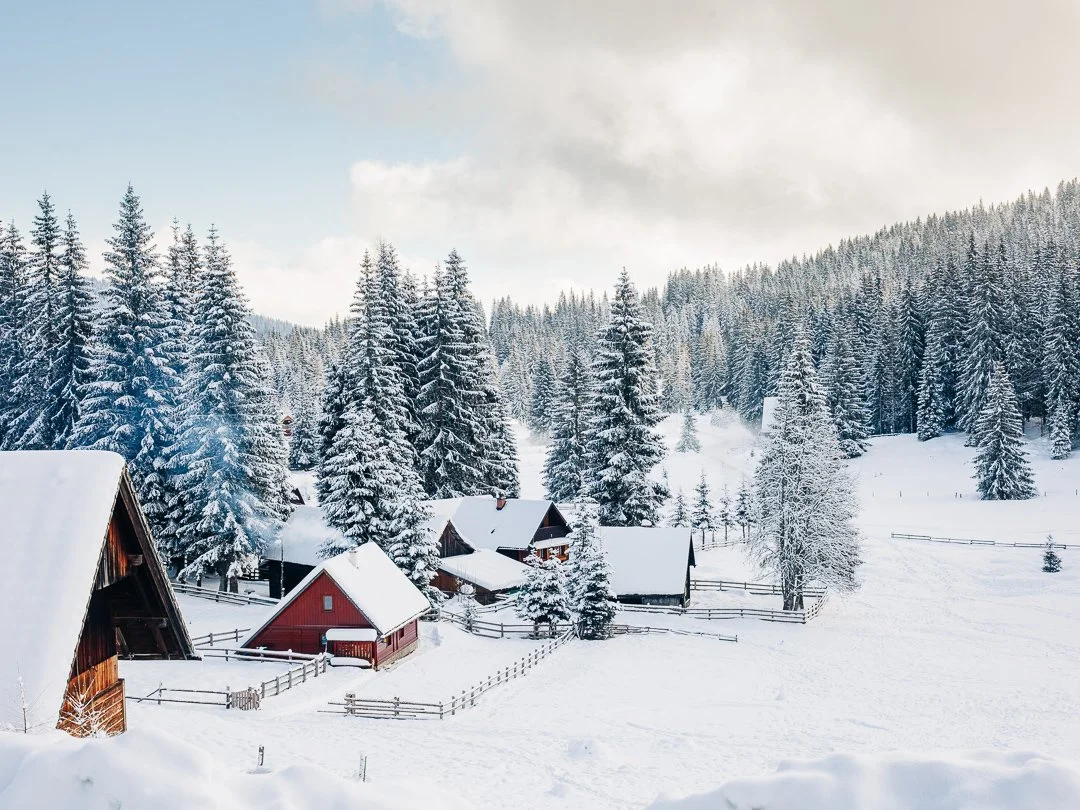 Snow-covered mountains and pine trees surrounding a small village with wooden houses and fences