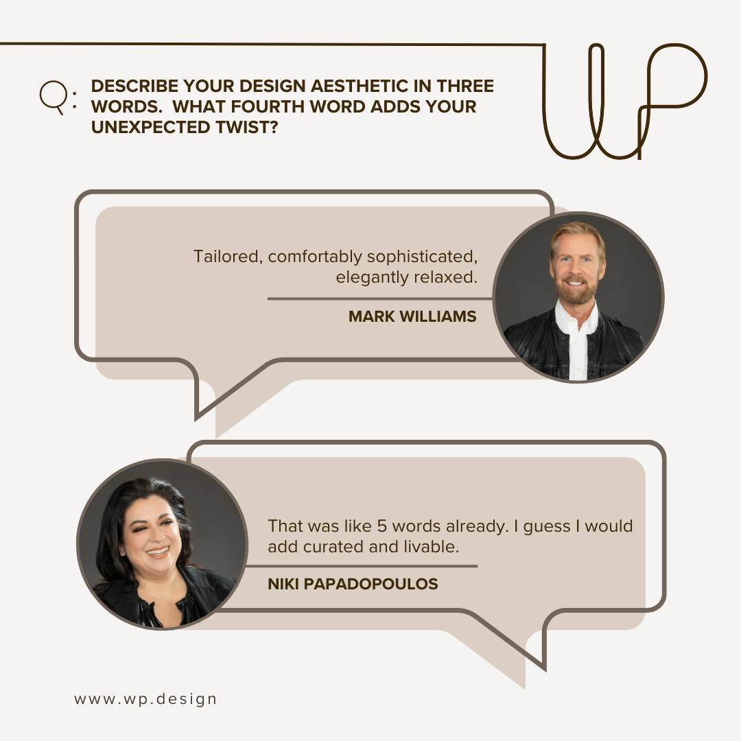 WPD Q&amp;A // Describe your design aesthetic in three words and then challenge each other to come up with a fourth word that adds your unexpected twist. ⁠
⁠
MARK: Tailored, comfortably sophisticated, elegantly relaxed. ⁠
⁠
NIKI: That was like 5 word