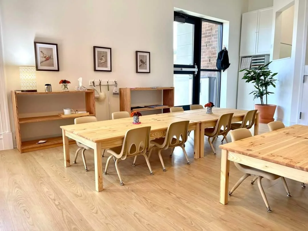 A Montessori toddler classroom. Low birch shelving. Low pine tables. Small beige chairs. Green plants. Framed images of birds on the white  walls.