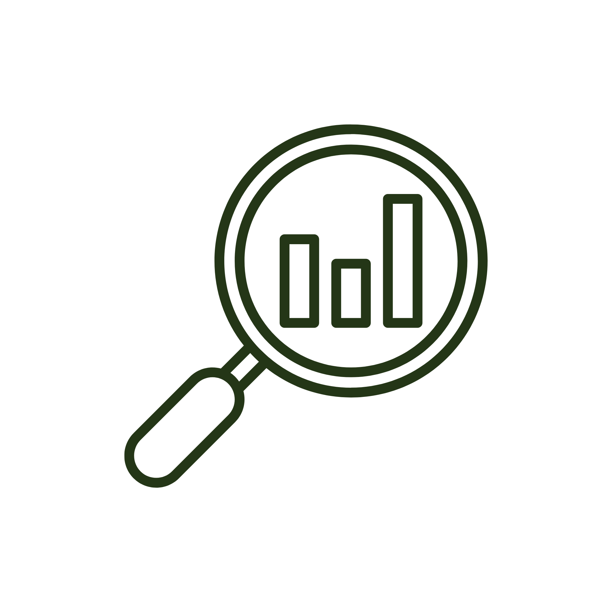 Magnifying glass with bar chart inside, representing data analysis or research.