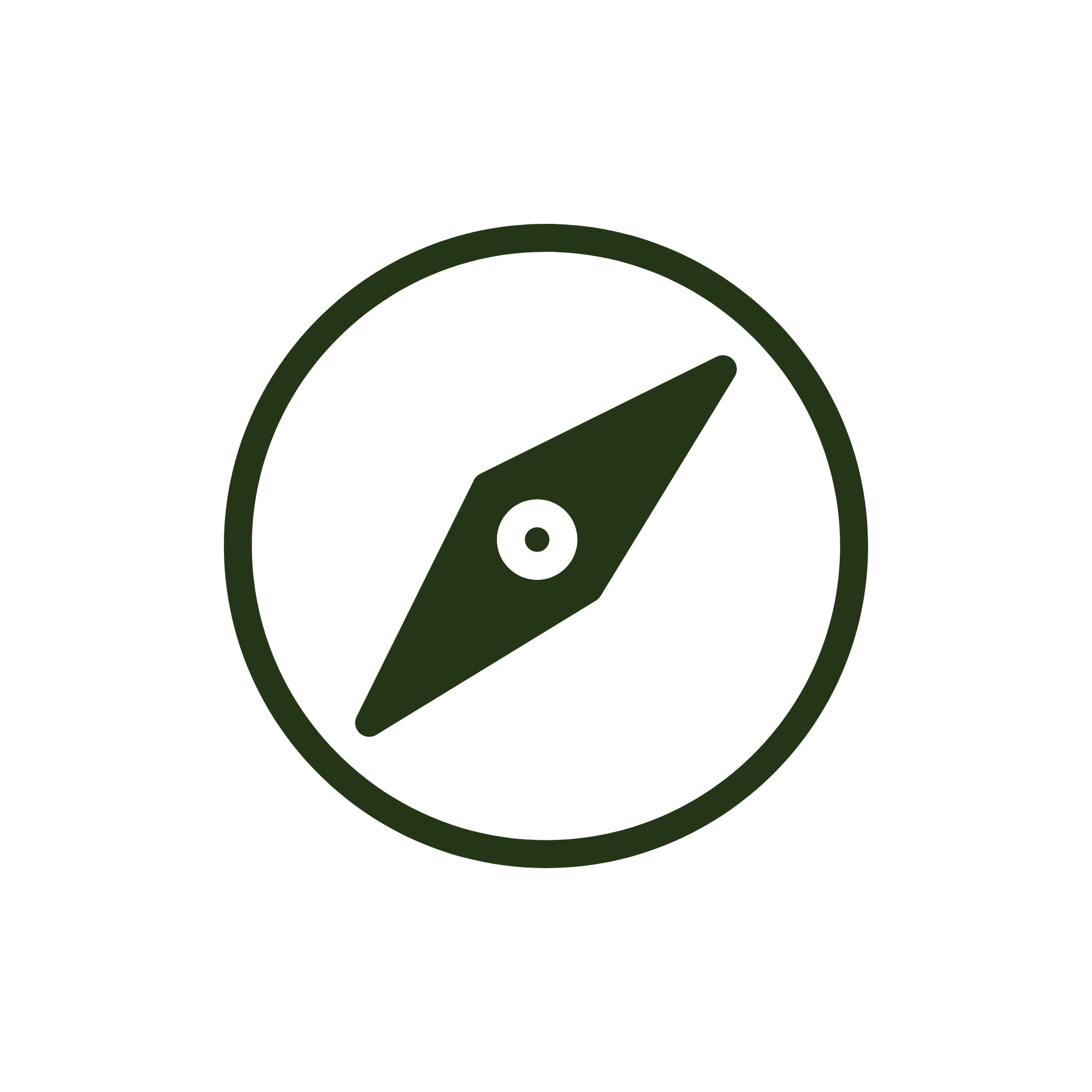 A black compass icon with a green outline and a green needle pointing northeast.