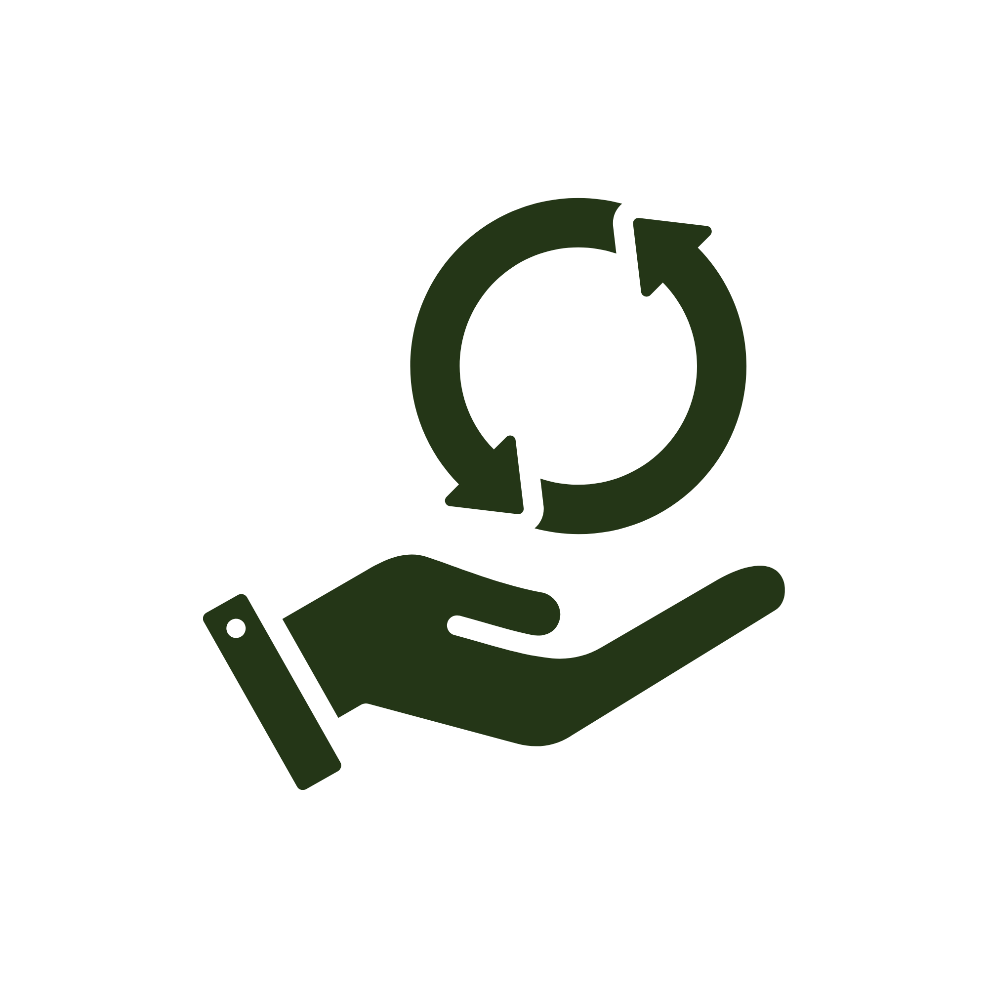 A hand holding a circular arrow symbol representing recycling or continuous process.