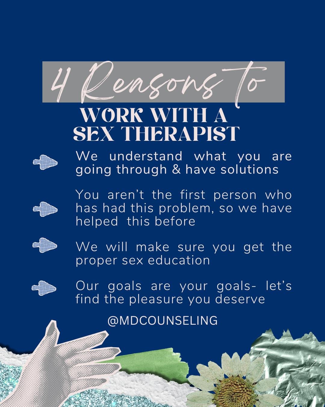Why would anyone work with a Sex Therapist?

For many reasons, but mostly because we want you to have the pleasure you deserve. You are not alone, the only one, or unique with your problem. We can help.
.
.
.
 #SexTherapy #MentalHealthMatters #Relati