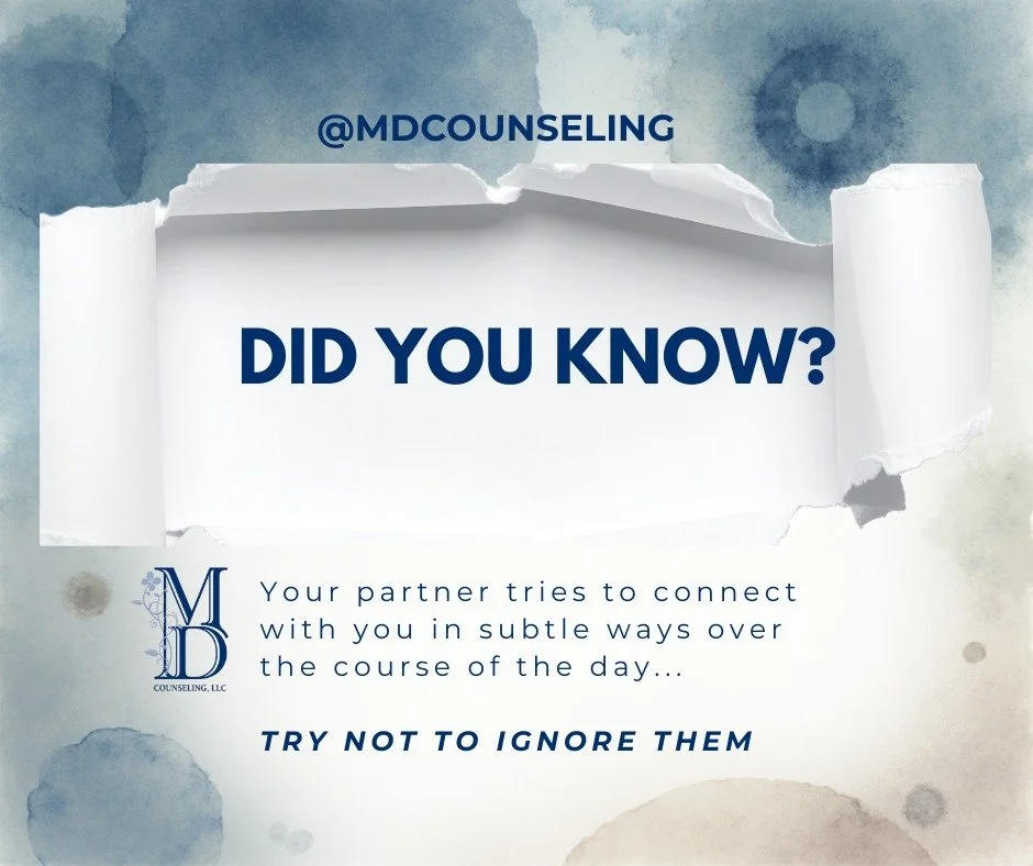 Do you notice these small invitations? They show up in conversation, request to be together, small glances, or a slight physical gesture. 

Pay attention, you may be missing opportunities. 

.
.
.
#RelationshipTips #EmotionalConnection #CouplesTherap