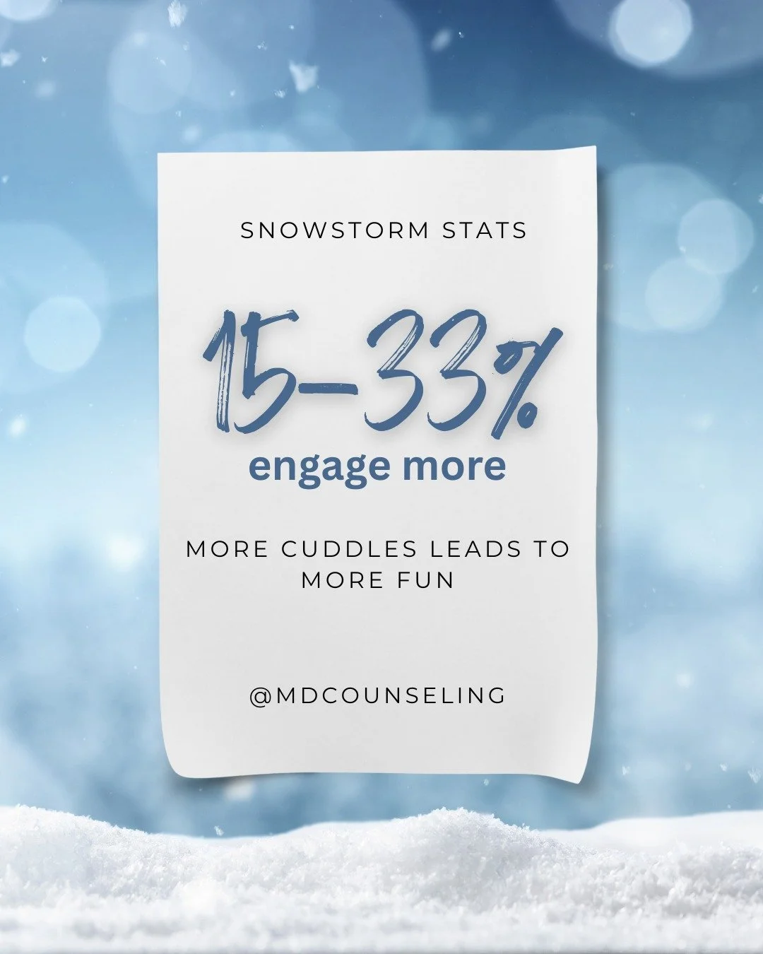 Snowstorms are a perfect time to get back in bed and cuddle. More touch leads to more fun. 

Save the shoveling for later; the snow will still be there. 
.
.
.
 #Snowstorm #WinterVibes #CuddleWeather #StayCozy #RelationshipTips #SnowDayFun #MentalHea