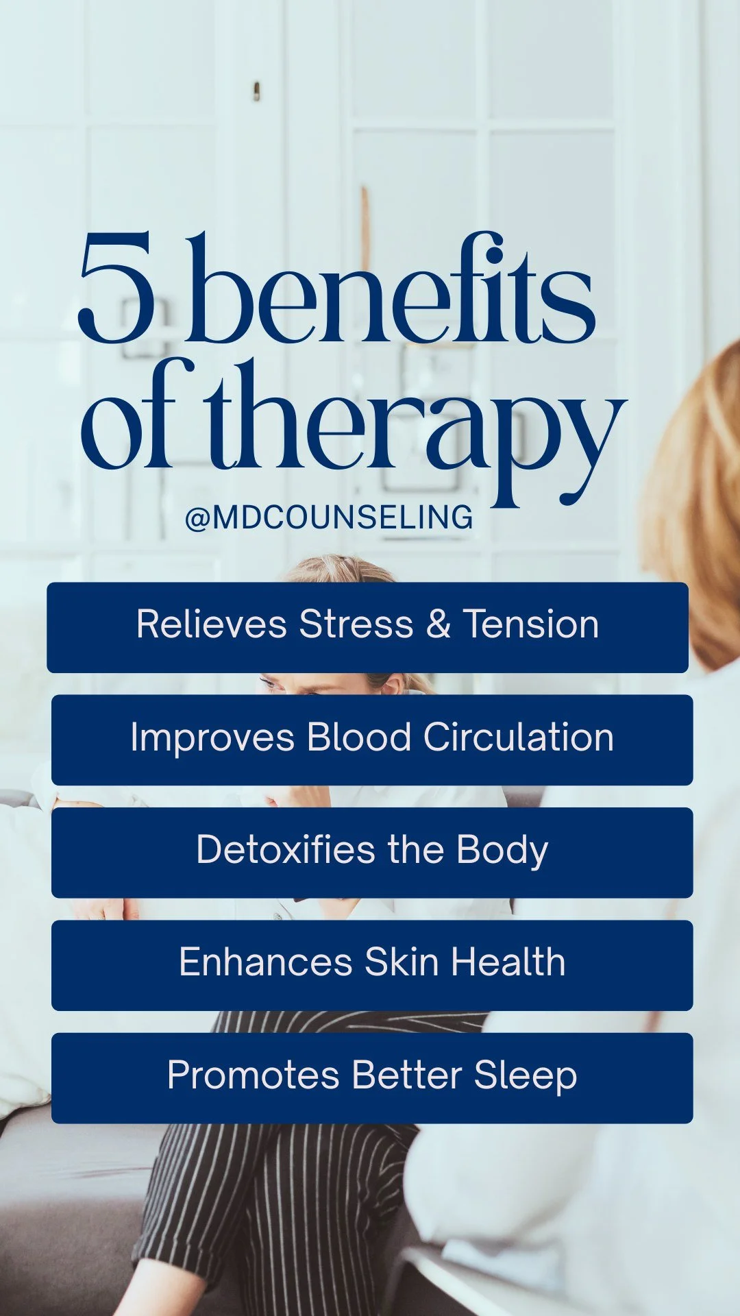Your body loves therapy...

It loves it so much; you see positive changes in your sleep, skin, circulation, and stress levels. 

Therapy has no shame, only benefits
.
.
.
#MDCOUNSELING  #TherapyBenefits #MentalHealth #StressRelief #Detoxify #Wellness