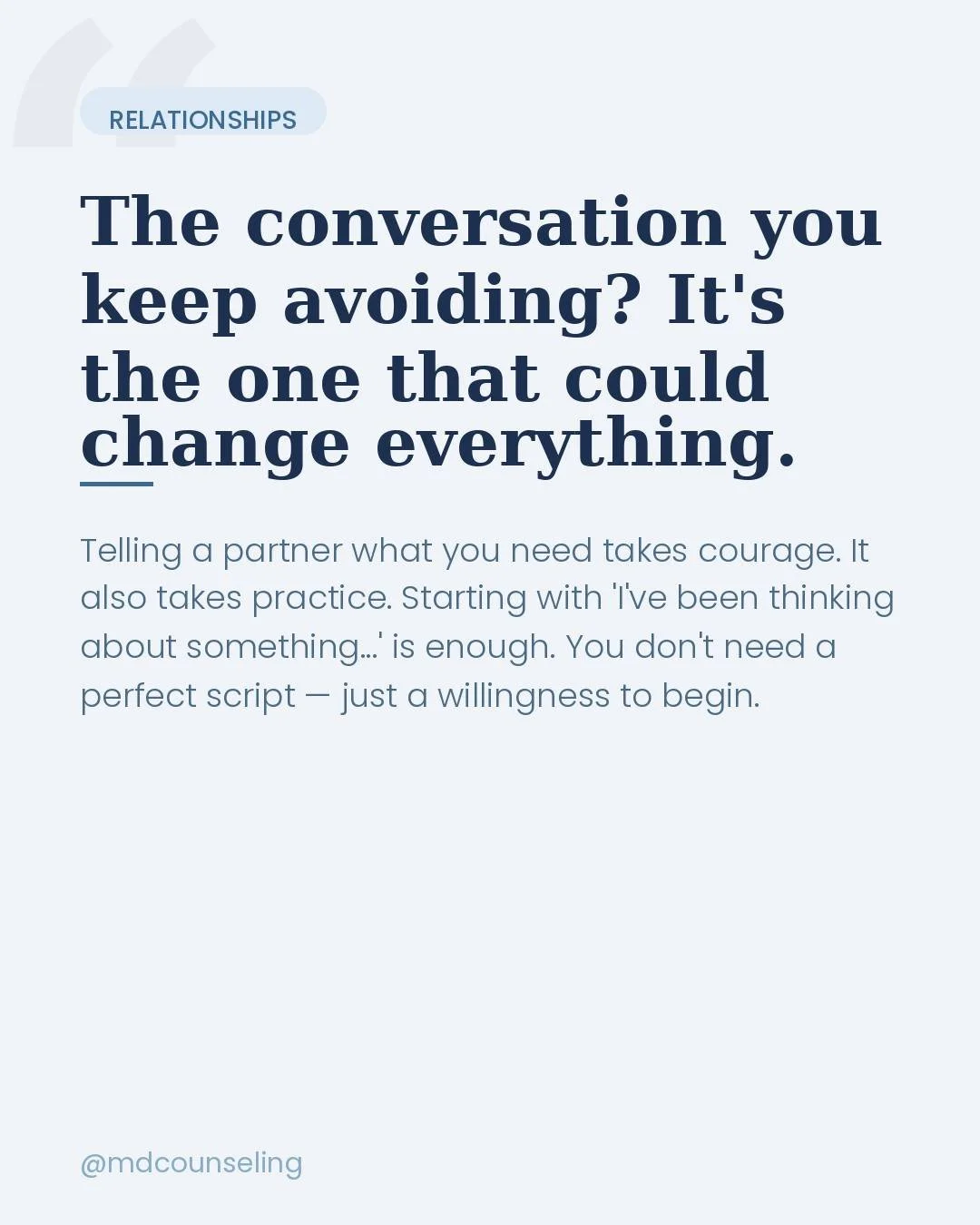 Be the change

You don't need to be perfect. Your conversation can be simple, it can be short, and you can bring notes to keep you focused. 

Practice in the mirror, with a friends or in therapy. 
.
.
.
 #BeTheChange #CourageToChange #RelationshipAdv