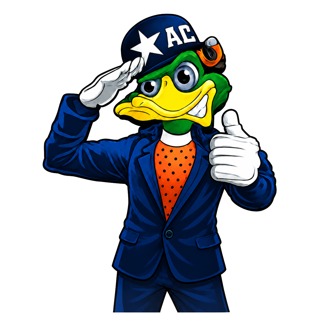 AC the Duck, the Heating & Cooling Solutions mascot, saluting and giving a thumbs-up in a blue suit and cap.