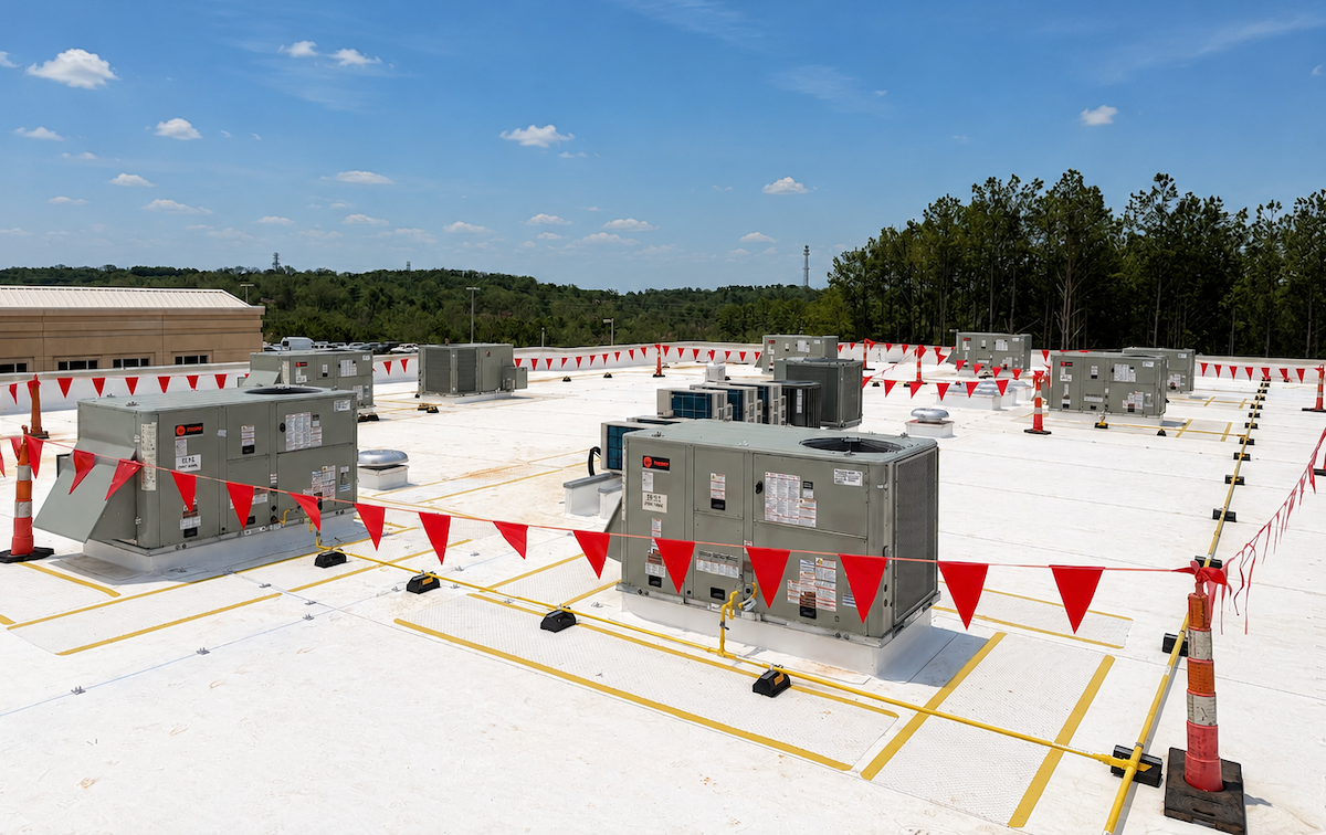 Multiple commercial rooftop HVAC units installed on a large facility in Upstate South Carolina.
