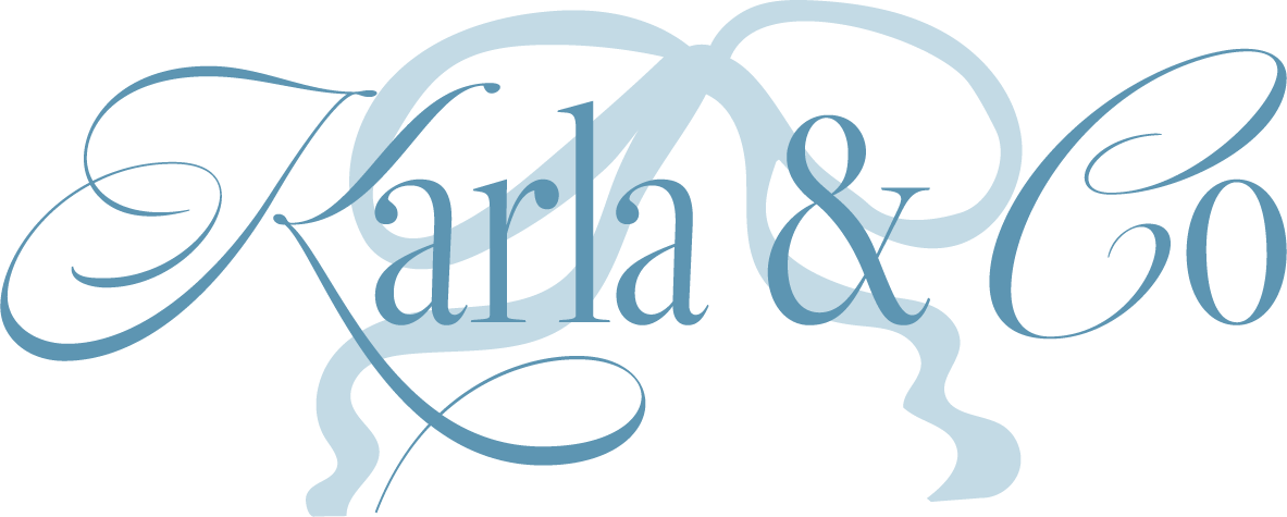 Elegant blue calligraphy text reading 'Kara & Co' on a black background.
