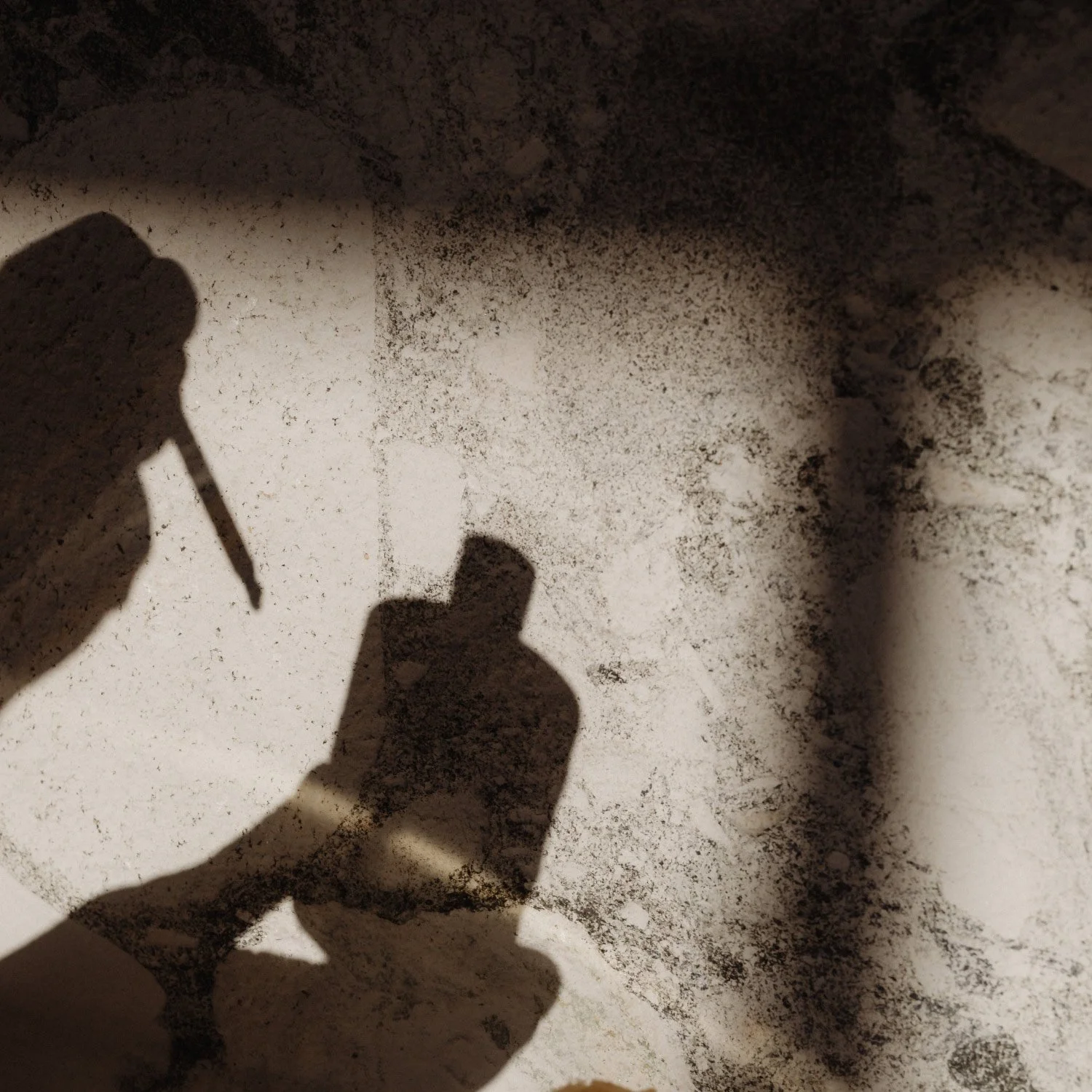 A shadow of a pipette and bottle on a marble wall