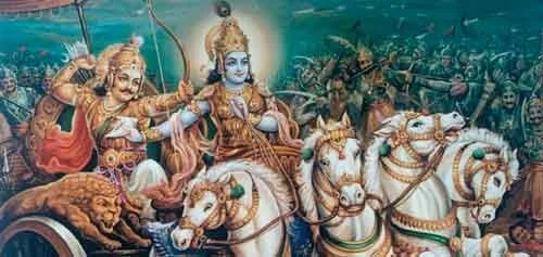 Ilustración del ejército de dioses en carros, con figuras en attire tradicional y animales sagrados, en un escenario de batalla.