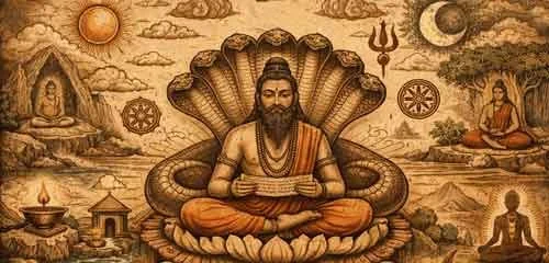 Imagen de un sábio o maestro espiritual sentado en posición de loto con una serpiente alrededor de su cuerpo y una mariposa en su cabello, rodeado de símbolos religiosos y naturales en un fondo de tonos cálidos.