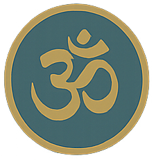 Símbolo de Om en colores azul y dorado dentro de un círculo