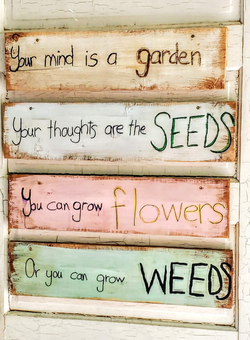 Wooden sign with motivational quote: "Your mind is a garden, your thoughts are the seeds, you can grow flowers, or you can grow weeds."
