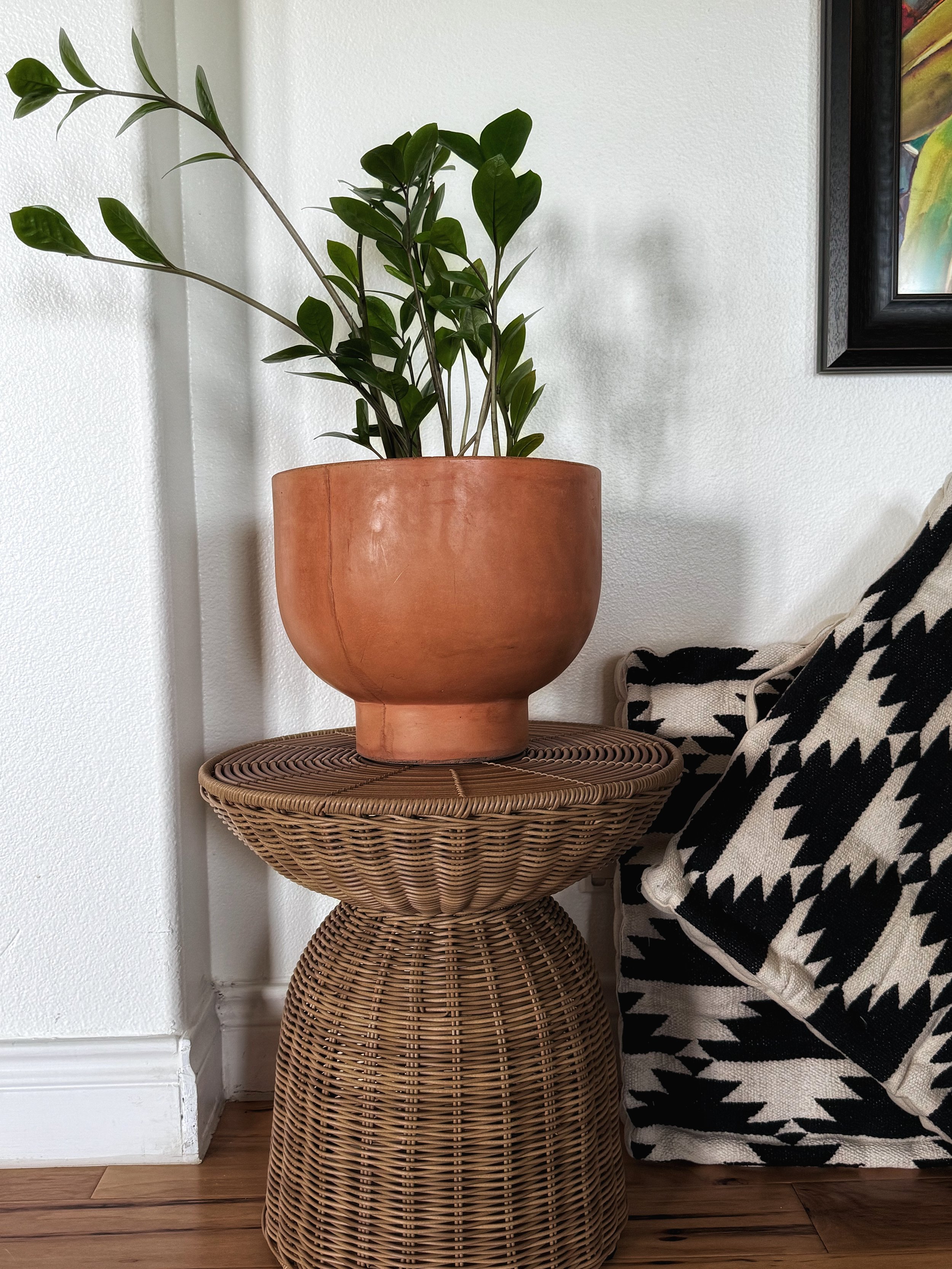 Woven rattan side table with potted green plant and black and white throw blanket in a boho-styled living room.