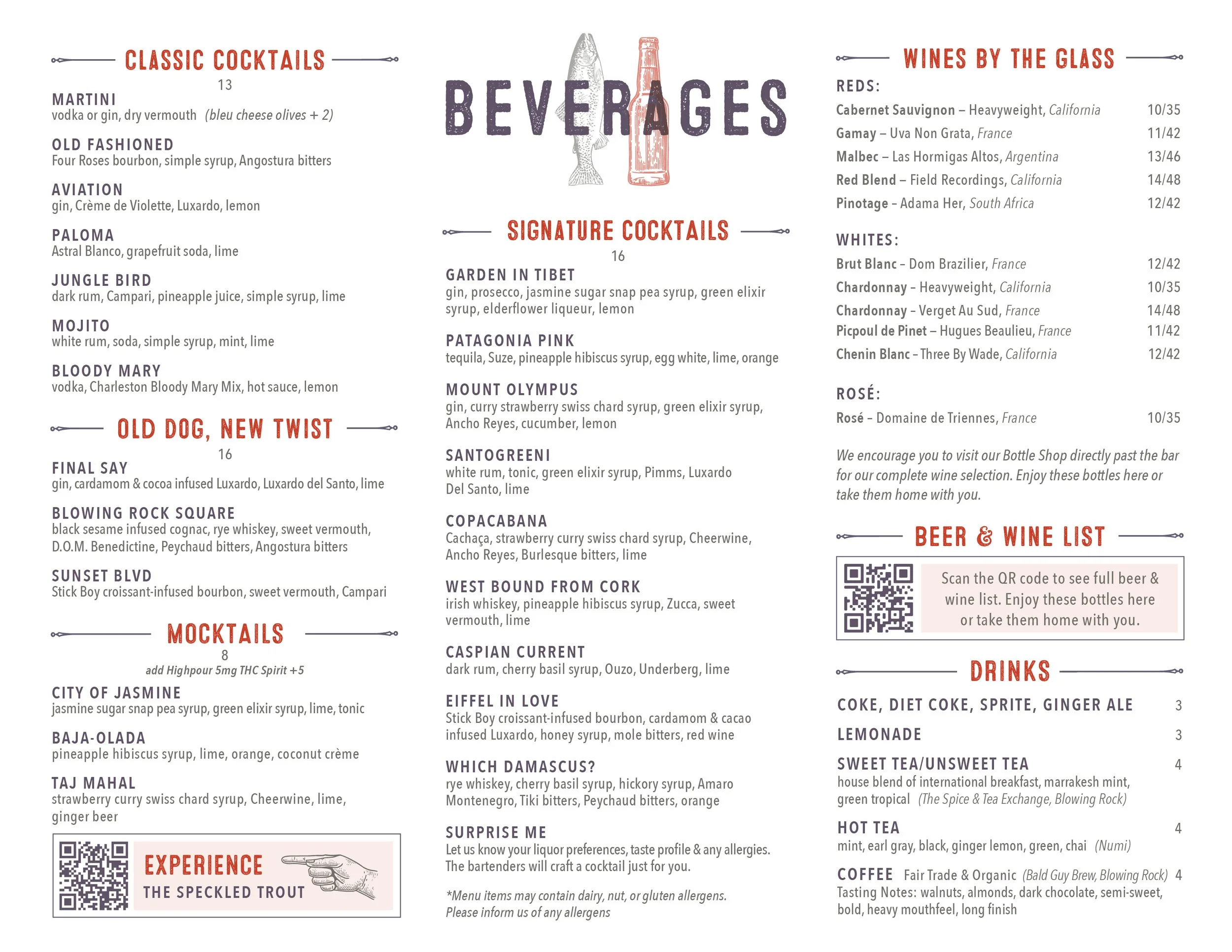 The Speckled Trout Drink Menu