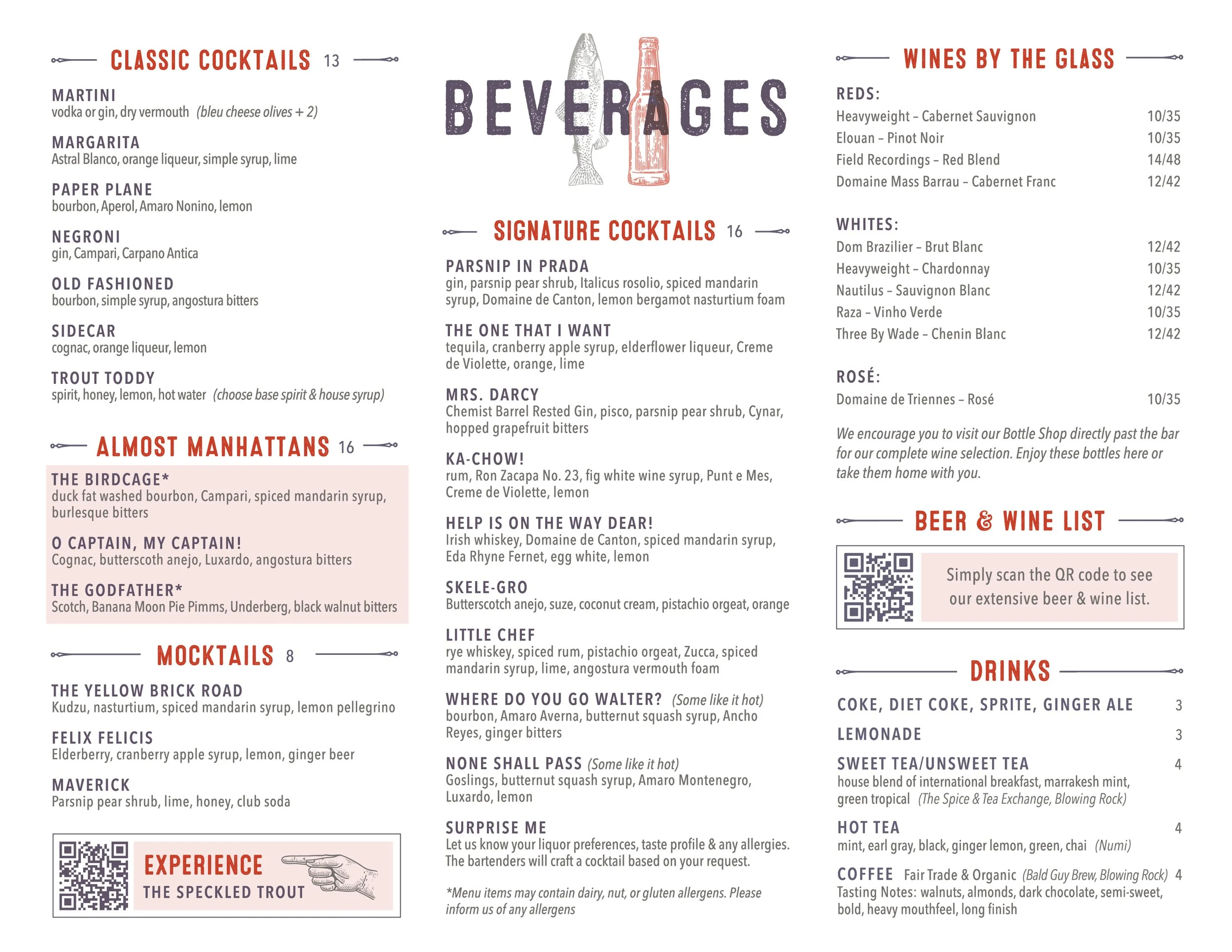 Drink Menu at The Speckled Trout