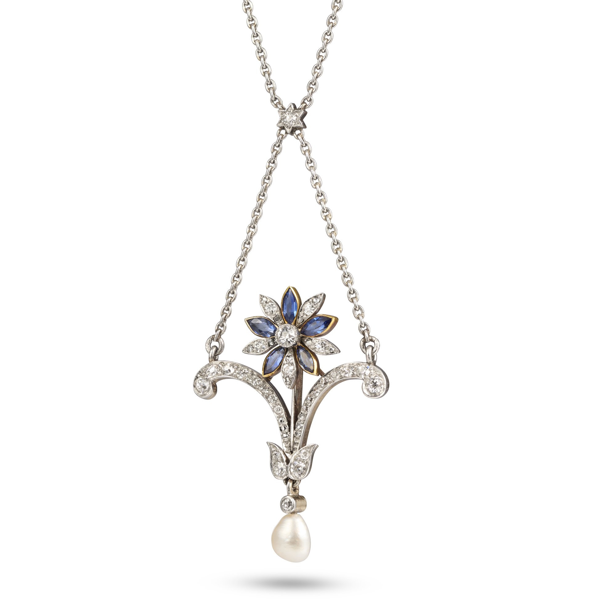 5a A9033 AN EDWARDIAN SAPPHIRE, DIAMOND AND PEARL PENDANT.jpg