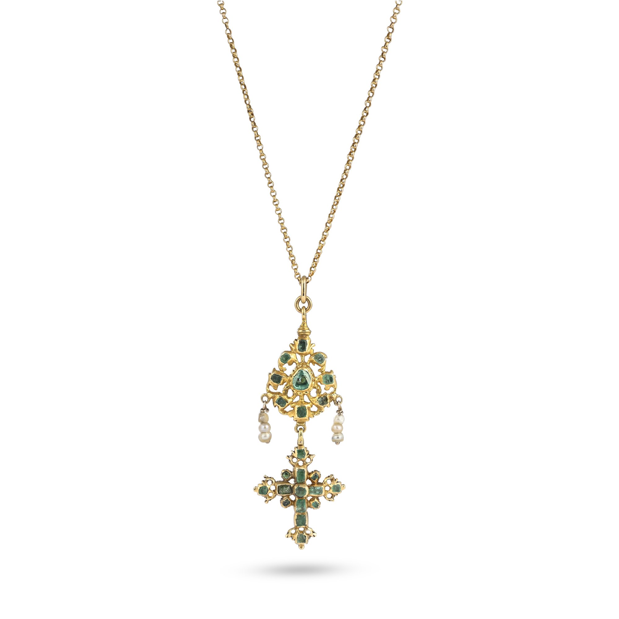 A9169 A AN EARLY EMERALD AND PEARL CROSS PENDANT.jpg