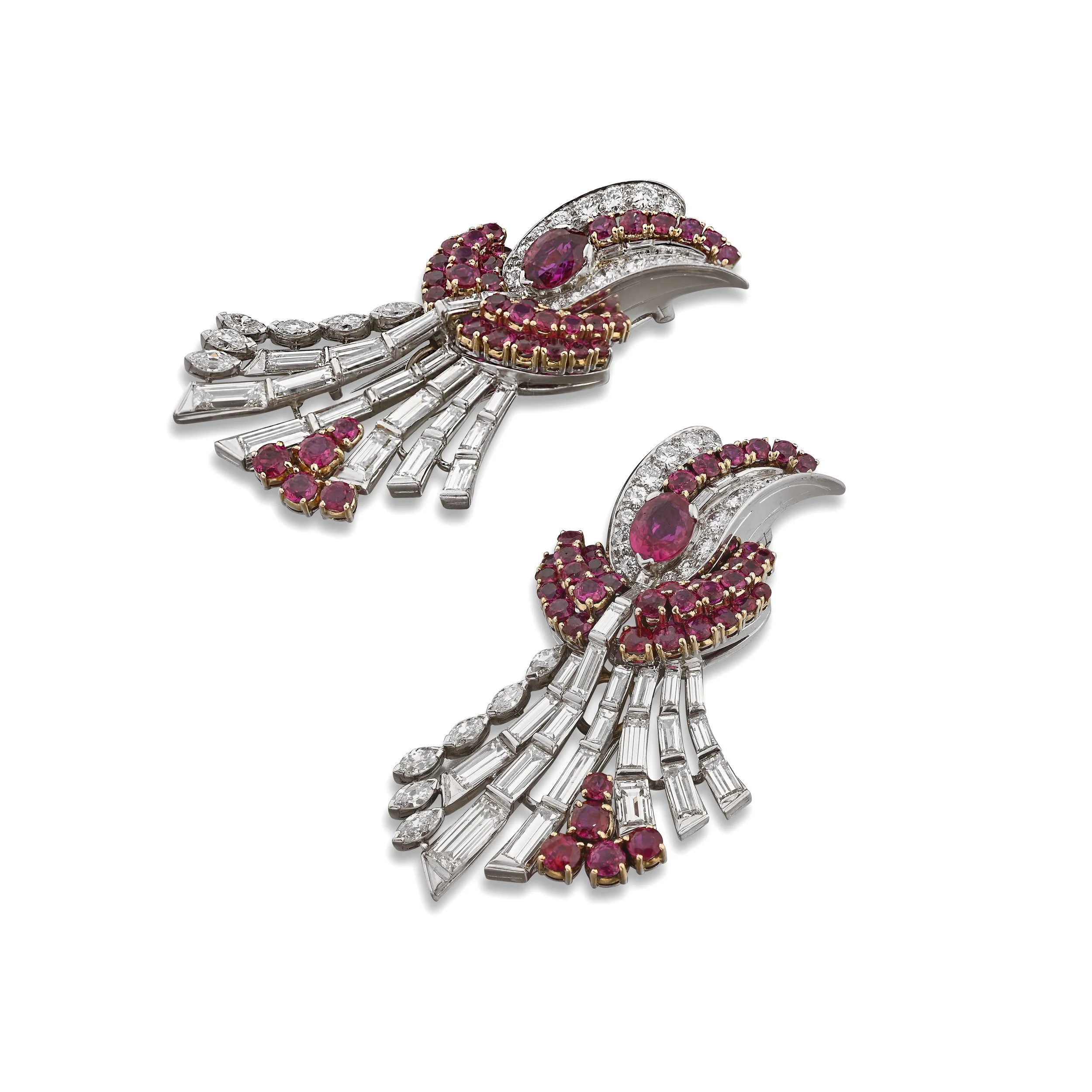 A9446C OSCAR HEYMAN. A FINE PAIR OF RUBY AND DIAMOND DOUBLE CLIPS.jpg
