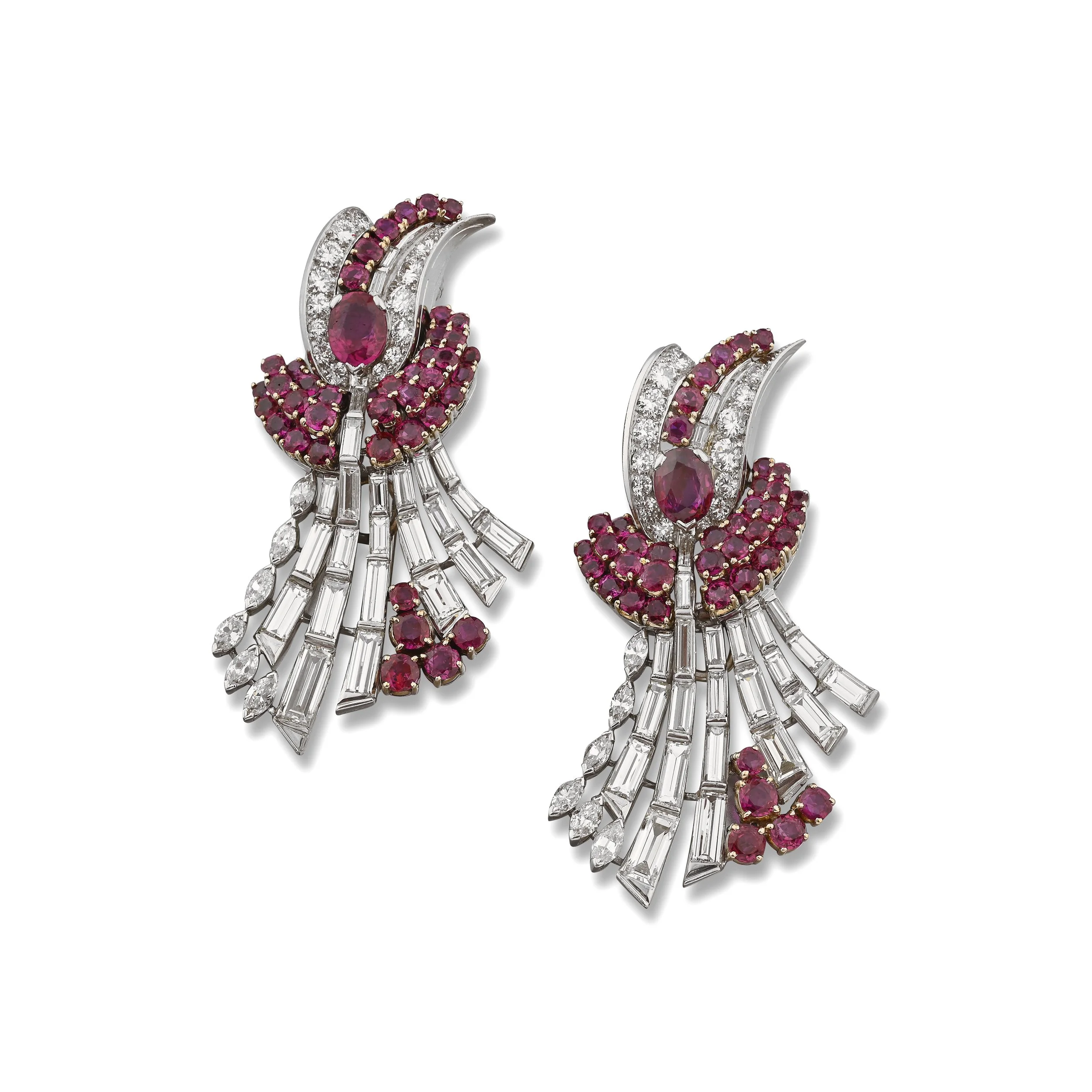 A9446B OSCAR HEYMAN. A FINE PAIR OF RUBY AND DIAMOND DOUBLE CLIPS.jpg