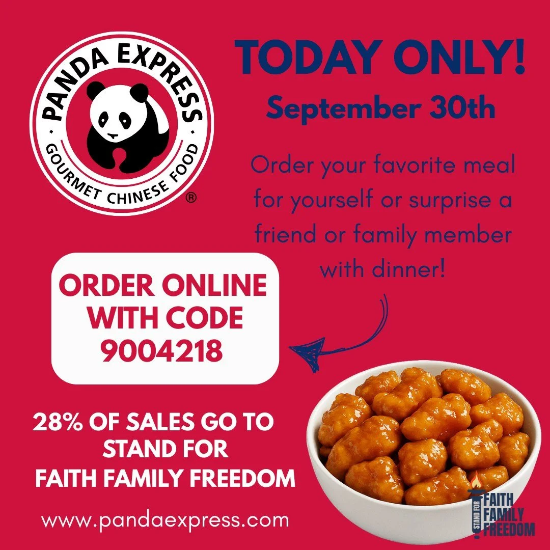 Today&rsquo;s the day! 🎉 Join us for our Panda Express Fundraiser happening all day long.

Order online or in the Panda Express app using Code 9004218, and Panda Express will donate back to Stand for Faith Family Freedom.

Enjoy a meal and make an i
