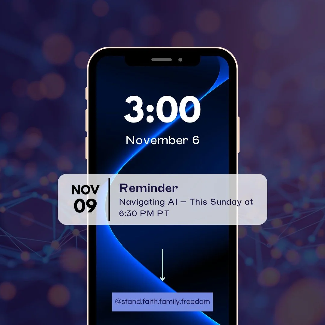⏰ Set a reminder!
Join us Sunday at 6:30 PM PT for &ldquo;Navigating AI &mdash; Protecting Your Family, Unlocking Potential.&rdquo;
We&rsquo;ll talk about using AI with wisdom and faith in today&rsquo;s digital world.

Zoom link &rarr; https://us06we
