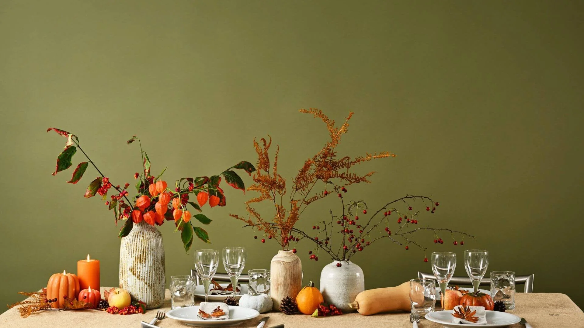 fall centerpiece with green background