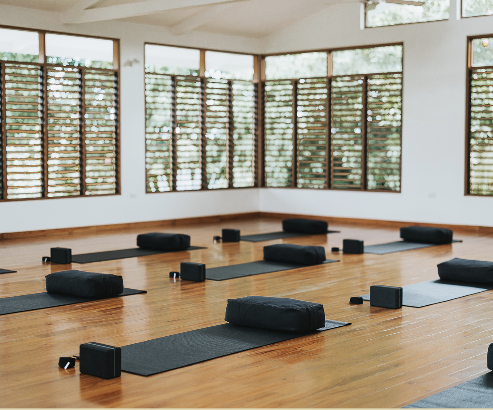 An empty yoga studio with wooden floors, large windows with wooden blinds, and six black yoga mats with bolsters, blocks, and straps arranged for a class.