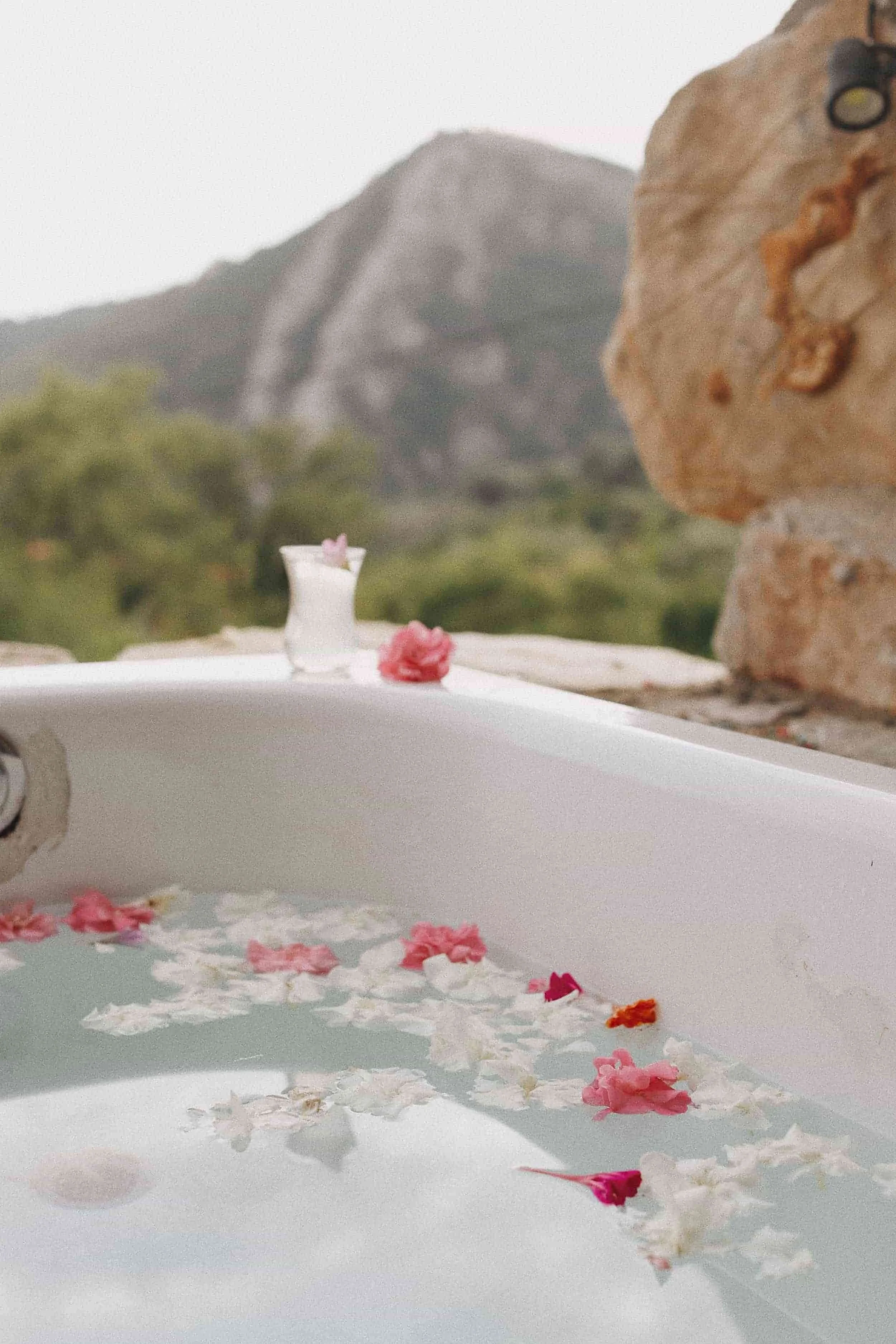 A hot tub filled with water and floating flower petals, set outdoors with mountain landscape in the background.