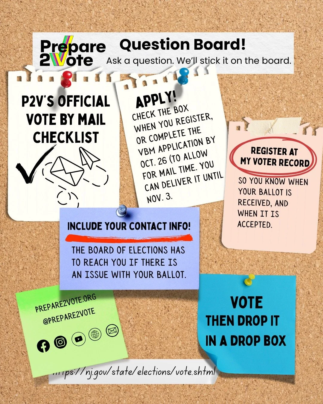 It is not too late to Vote by Mail! Download an application from your county:
https://www.nj.gov/state/elections/vote-by-mail.shtml
Fill it out.
Make sure to include your contact information! If there are any issues with your ballot the Board of Elec