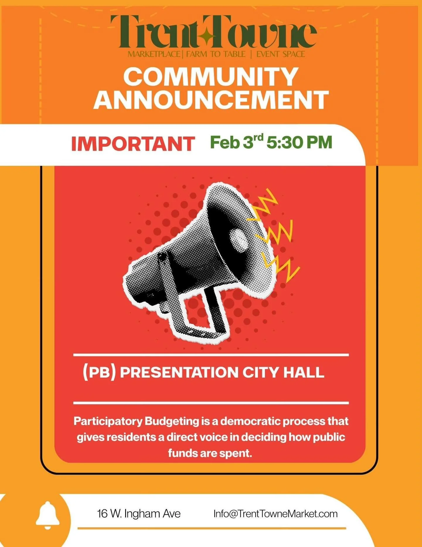 📣 Community Announcement | Participatory Budgeting (PB)
On Tuesday, February 3 at 5:30 PM, we will be presenting an introduction to Participatory Budgeting (PB) to the Trenton City Council.
Participatory Budgeting is a democratic process that gives 