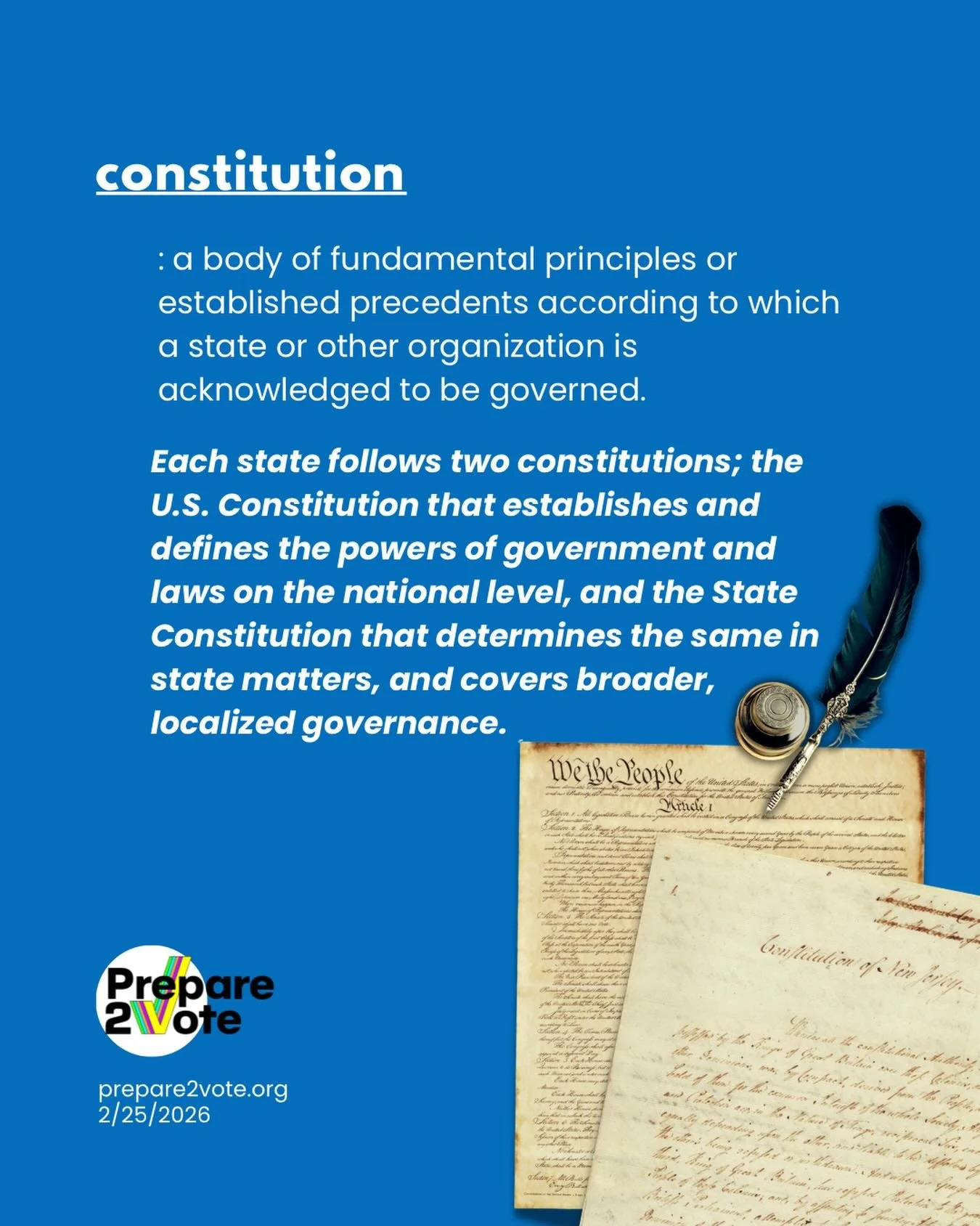 Did you know that New Jersey follows two Constitutions? The U.S. Constitution, established in 1789 (written in 1787) outlined the national rule of law, created the three separate branches of government, and defines the relationship between the federa