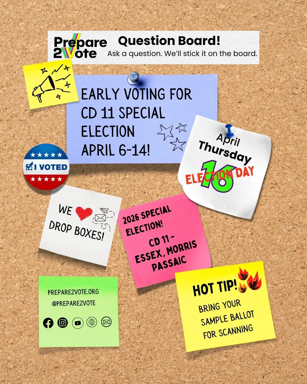 If you live in New Jersey Congressional District 11, you can start voting in person tomorrow! Mikie Sherrill was elected Governor, and it's time for you to choose who will fill her seat. You can vote anywhere in your county. 
🔥HOT TIP! Bring your sa