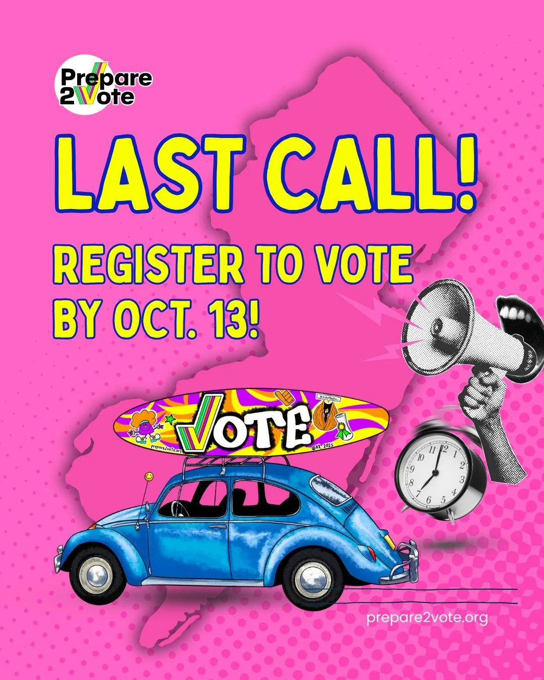Share! Share Share!

It's time to get registered! The New Jersey voter registration deadline is Tuesday, Oct. 13. Tomorrow!

1. Check your registration now! (Use the name you used register. If you don't see what you expect, CALL YOUR COUNTY BOARD OF 