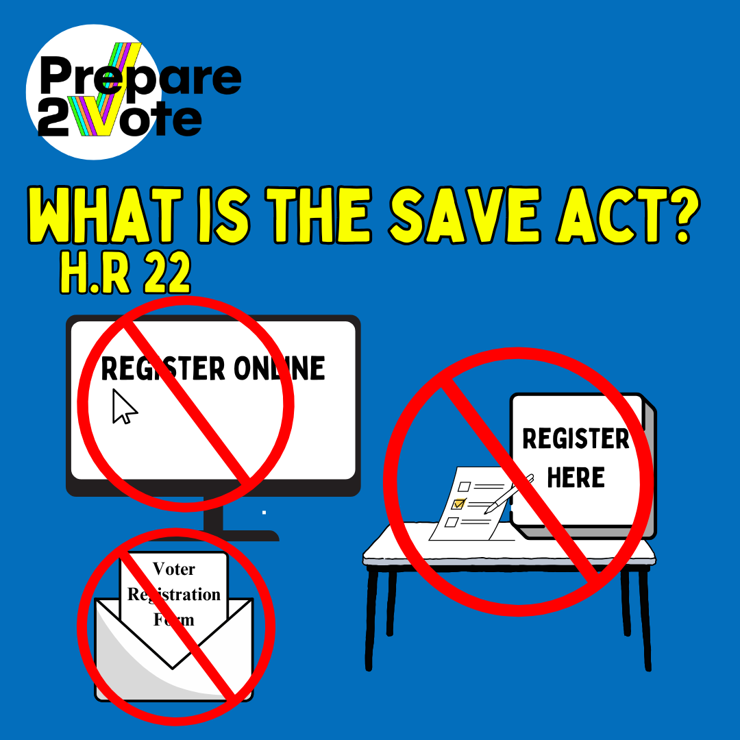 Educational graphic about voting registration, showing no to online registration, in-person registration, and voter registration forms, with the text 'What is the Save Act? H.R. 22' at the top.