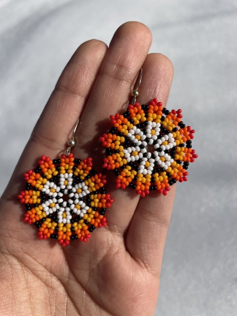 Colorful Huichol Flower Earrings - monochromatic warm colors (1).jpeg